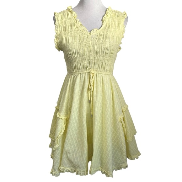 hailey & co Dresses & Skirts - Hailey & Co Womens Smocked Ruffled Mini Dress Sz Small Yellow Sleeveless Lined